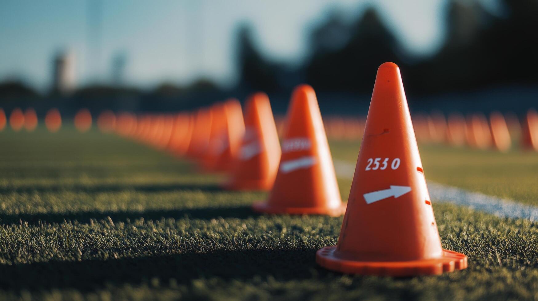 Orange traffic cones are arranged on green grass during daylight hours photo