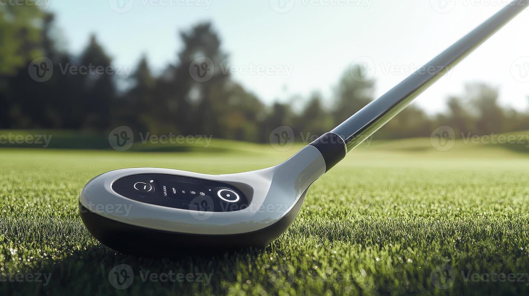 A modern golf club resting on green grass with buttons photo