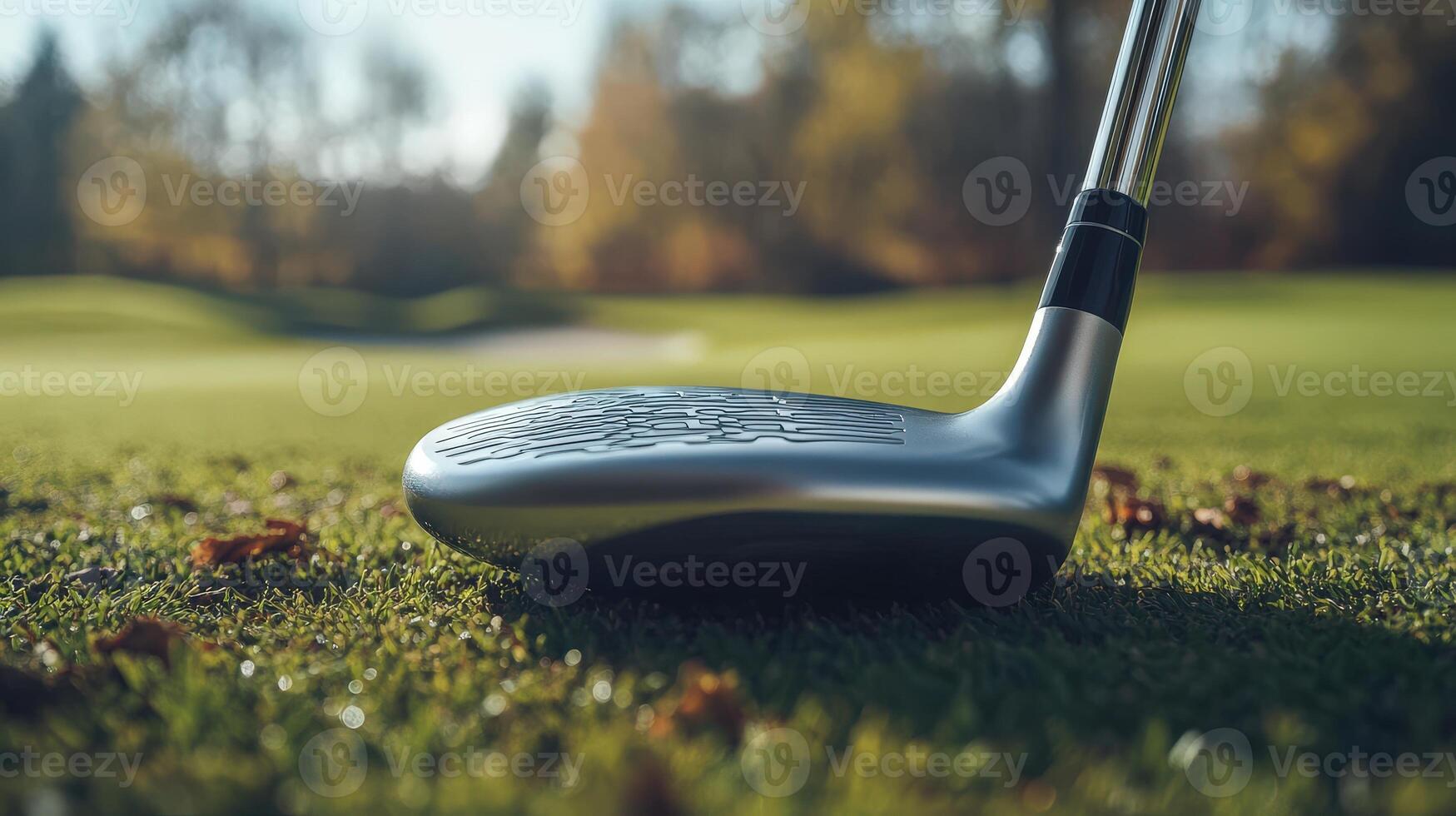 A golf club head rests on a grassy golf course landscape photo