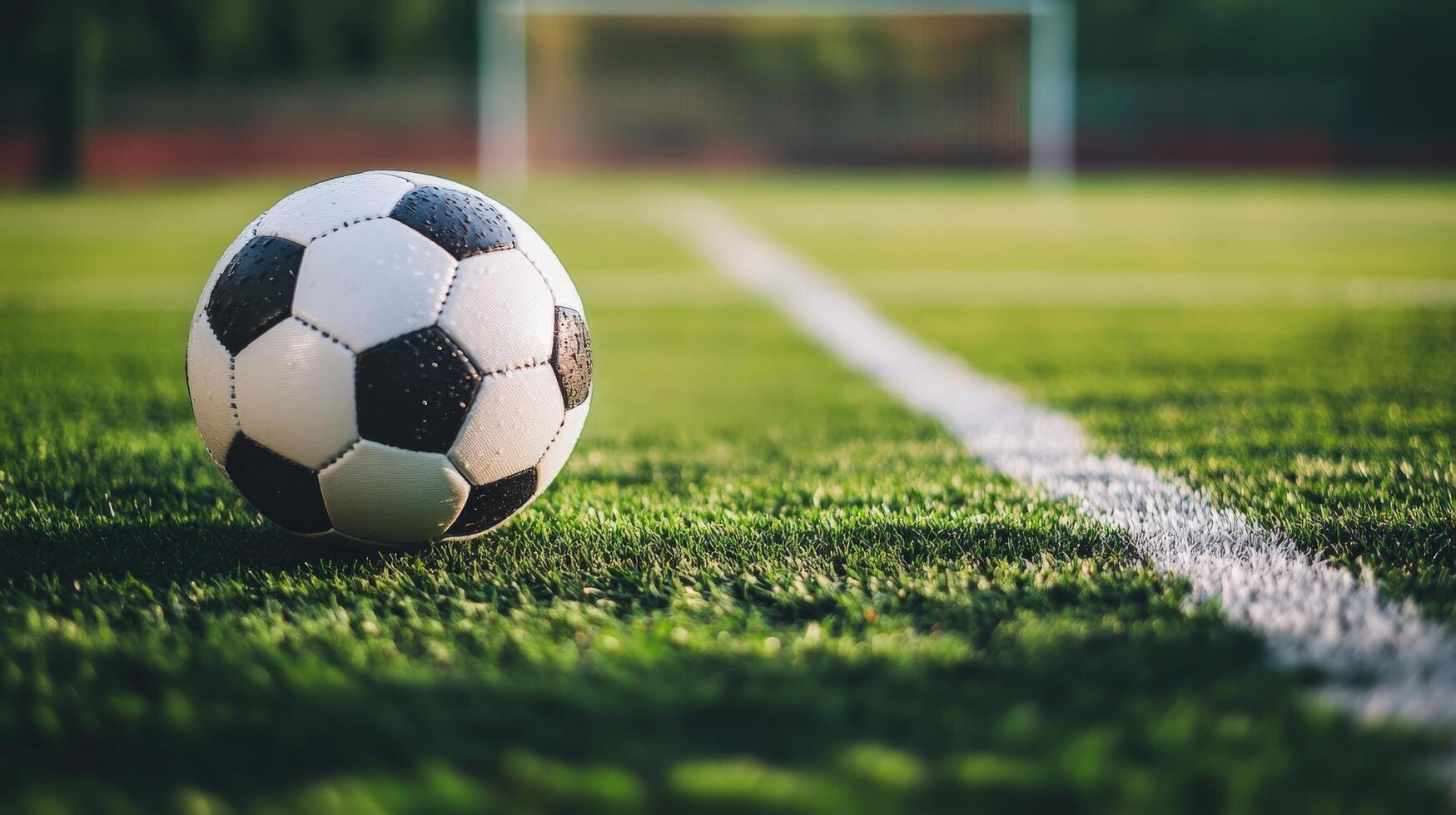 A soccer ball resting on a grassy field near the sidelines photo