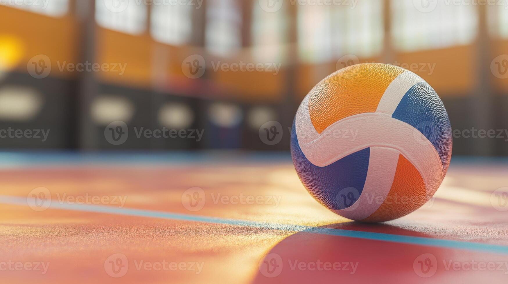 An orange blue and white volleyball on a sports court floor photo