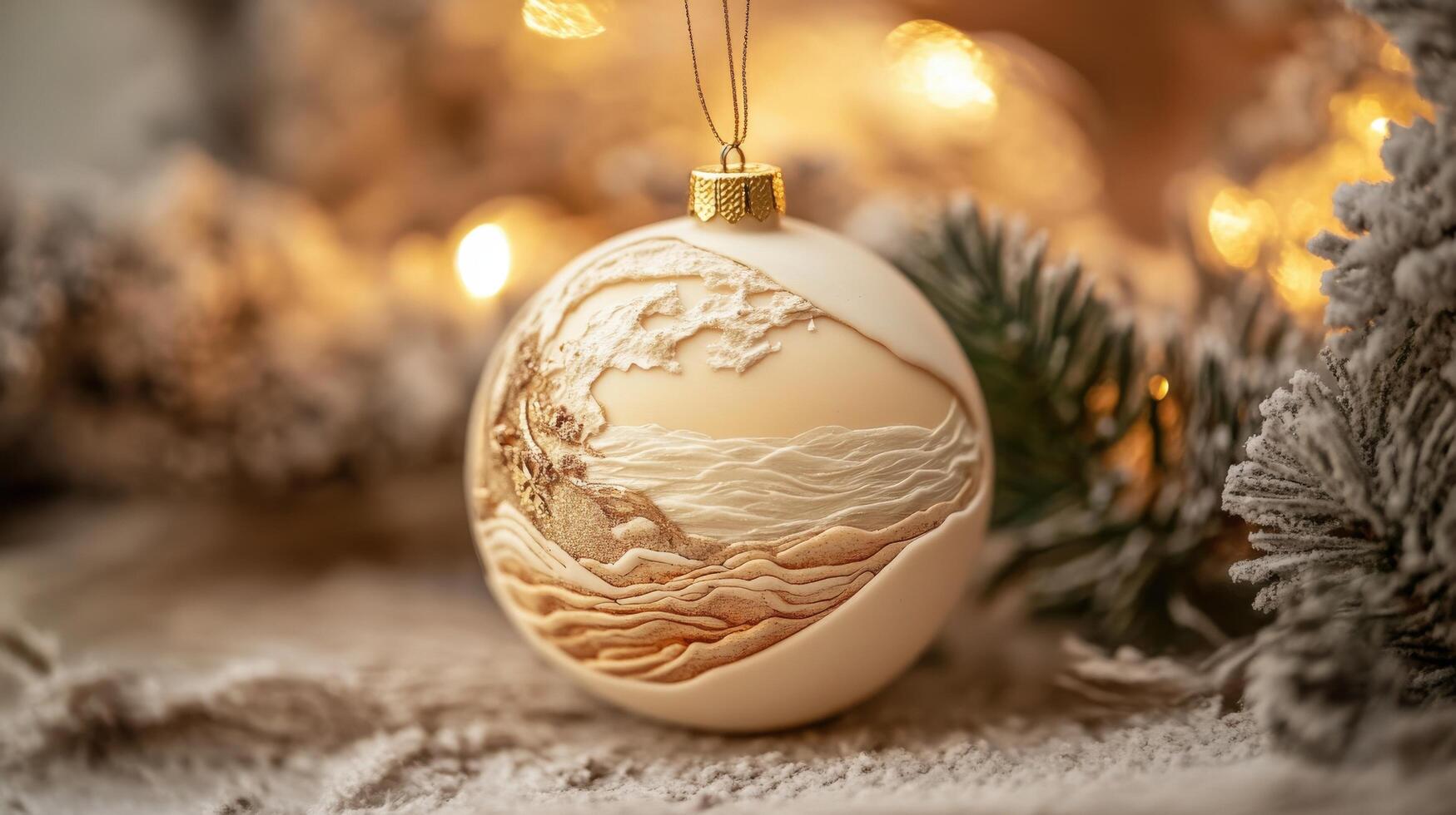 Ornate, cream-colored Christmas ornament depicting a layered seascape. photo