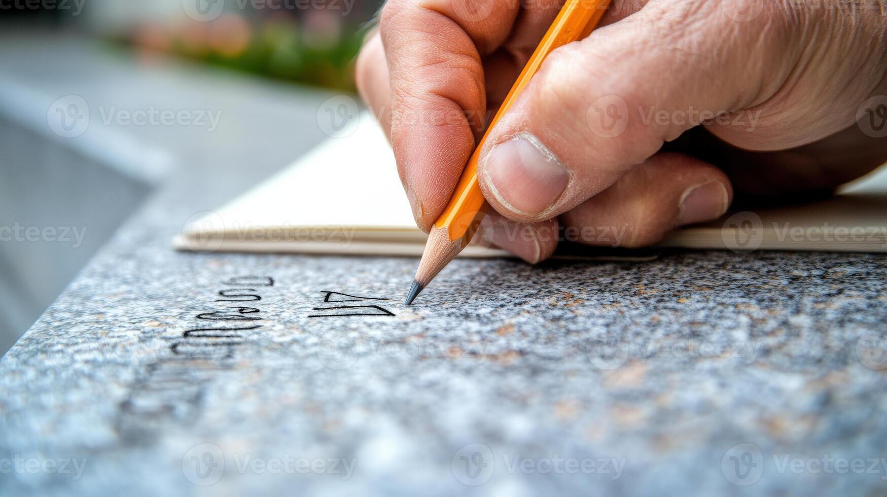 A hand uses a pencil to mark a stone surface photo