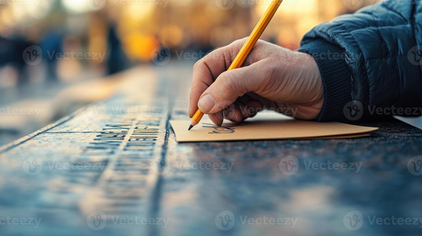 A hand is writing something on a piece of paper with a pencil photo