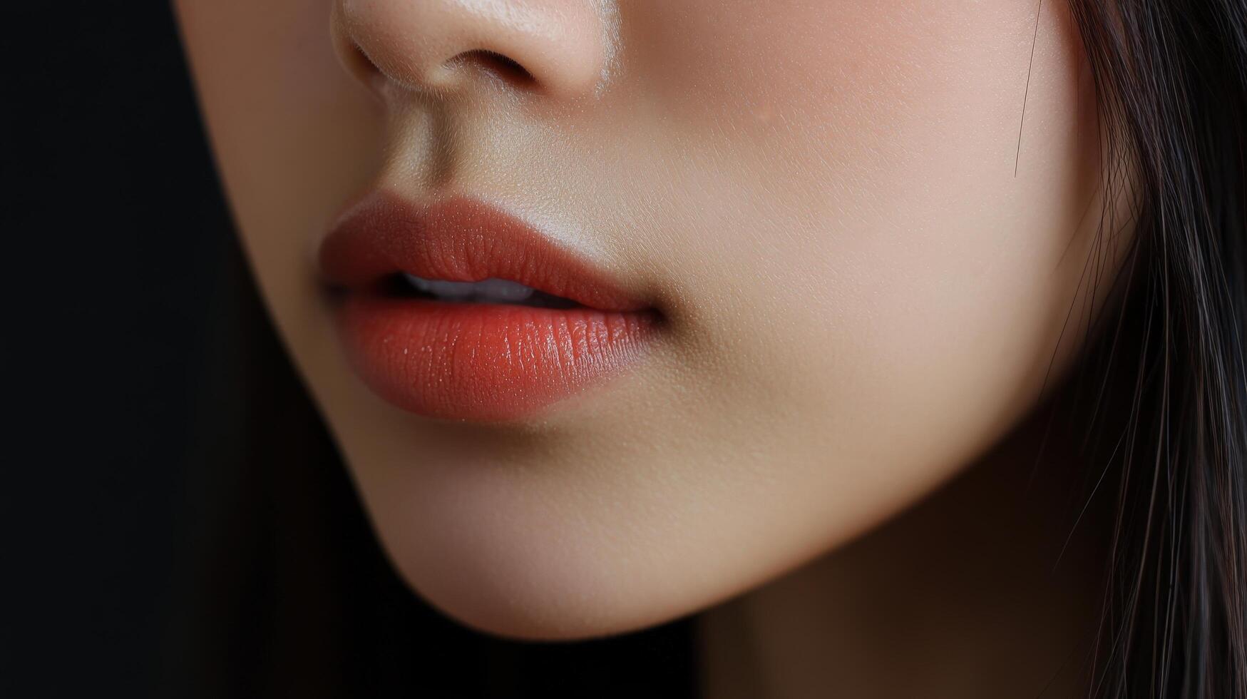 Close-up view of a person's peach-toned lips. photo