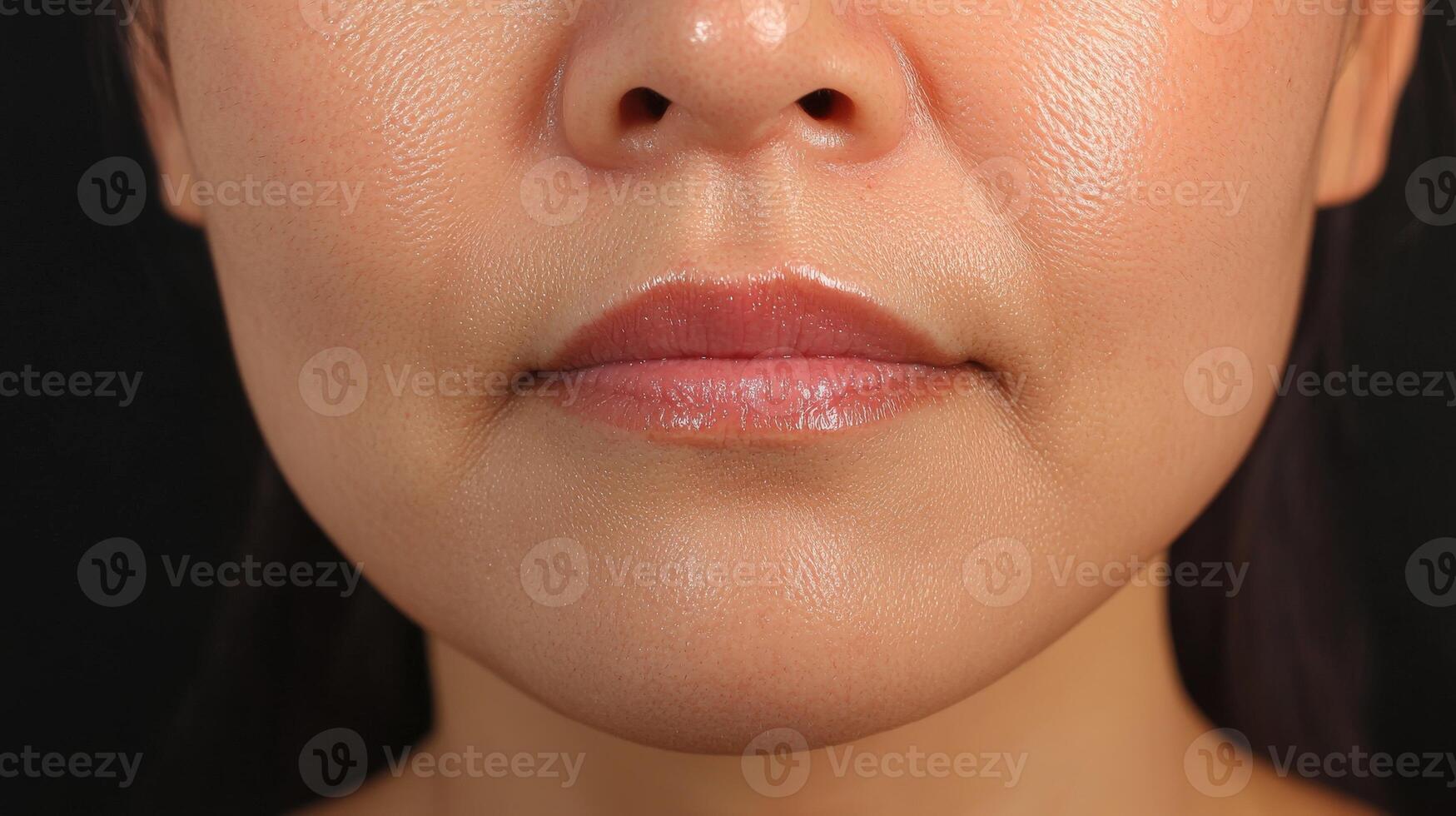 Close-up facial portrait of a woman's face with a neutral expression. photo