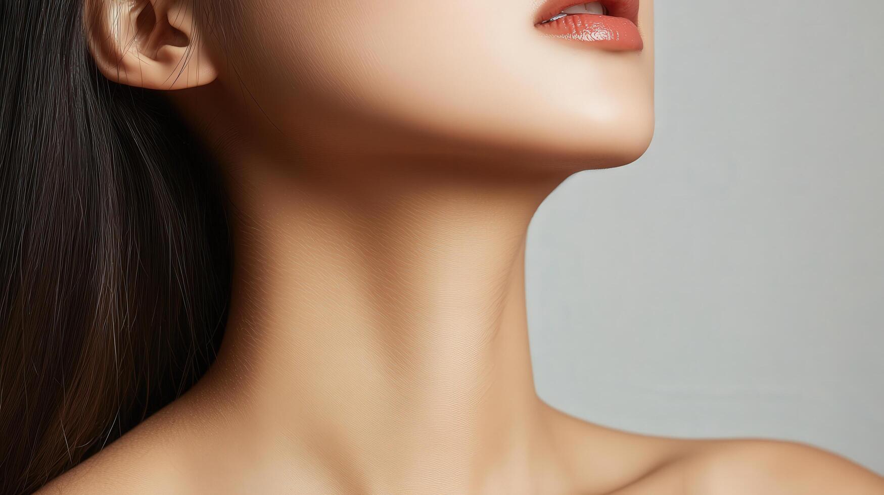 Close-up view of a woman's smooth neck and chest. photo