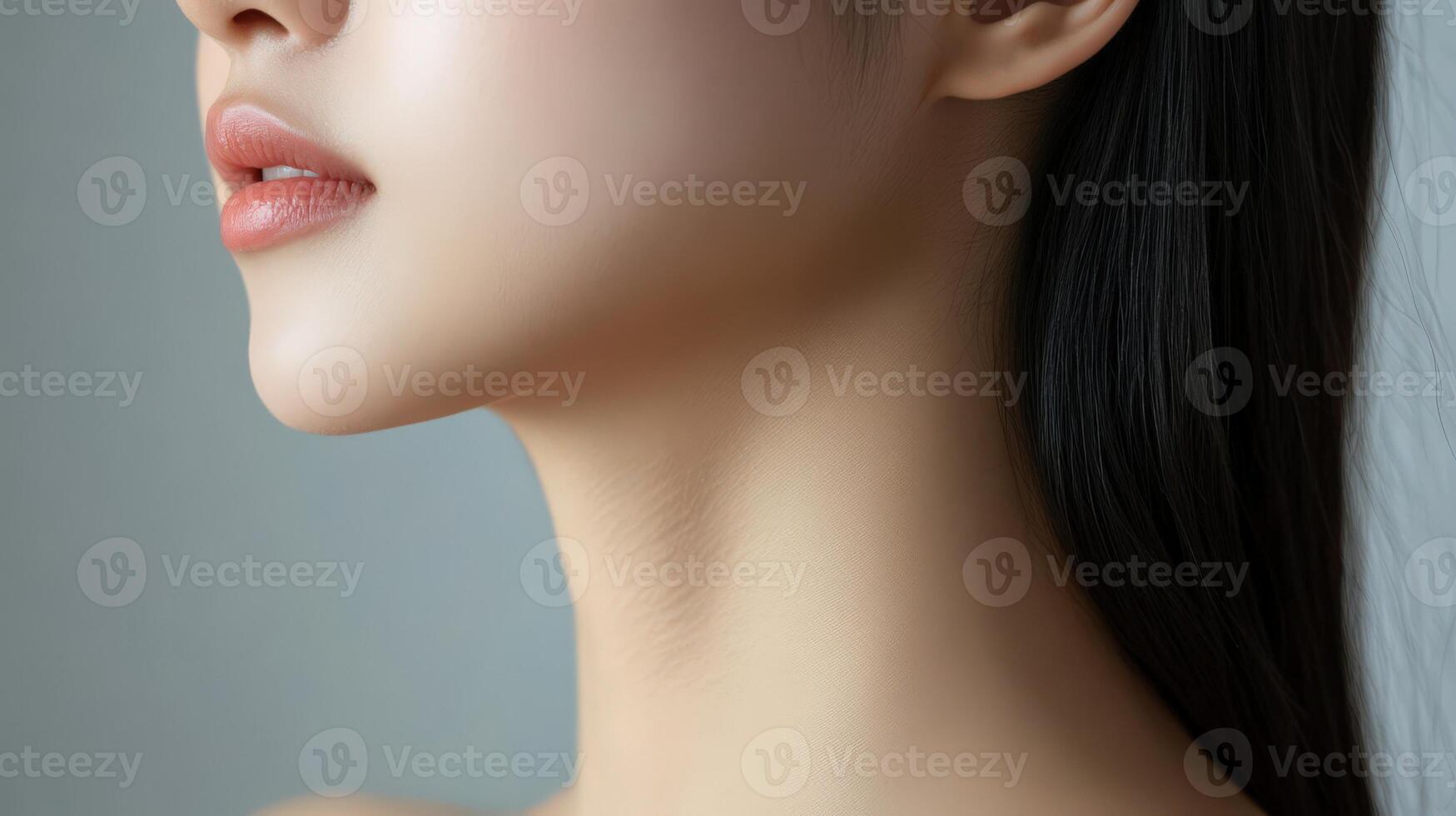 Close-up profile view of a young woman's smooth neck and face. photo