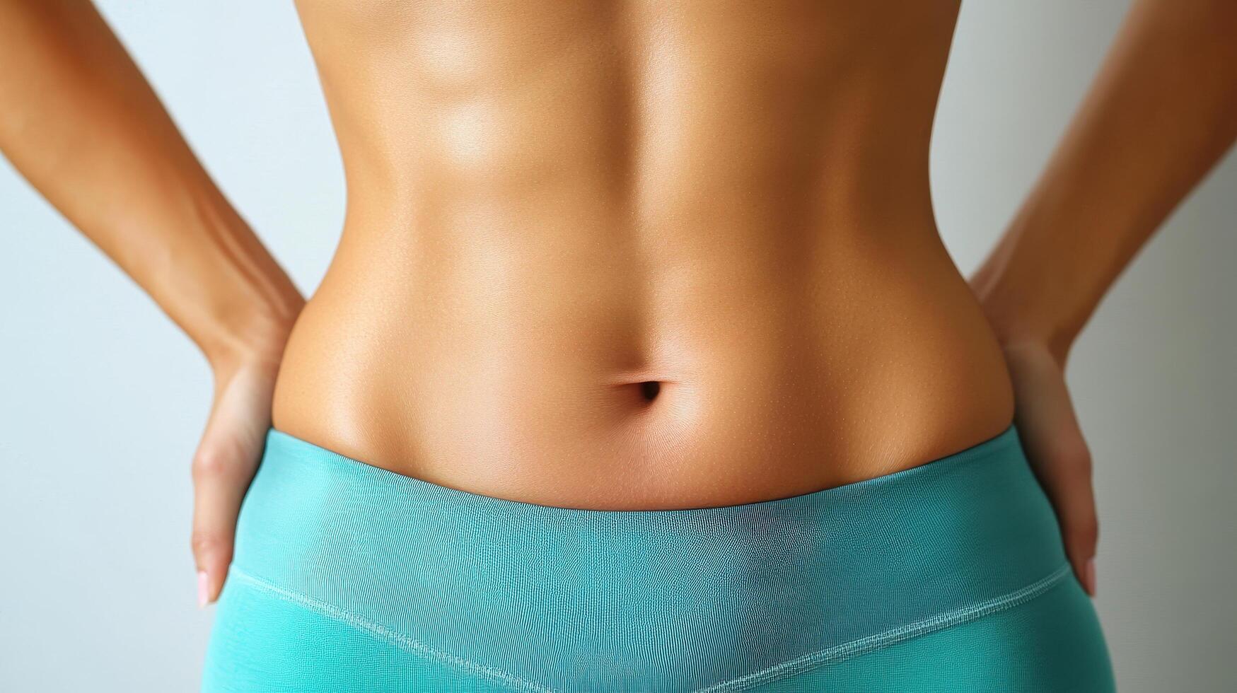 A woman's stomach with her hands on her hips photo