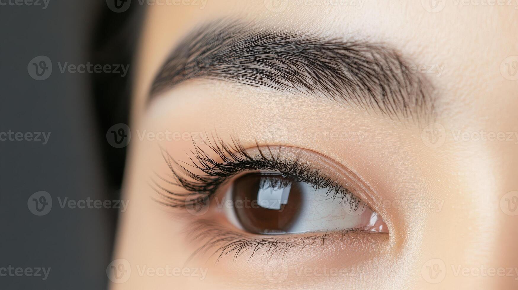 Close-up view of meticulously sculpted eyebrows and eyelashes. photo