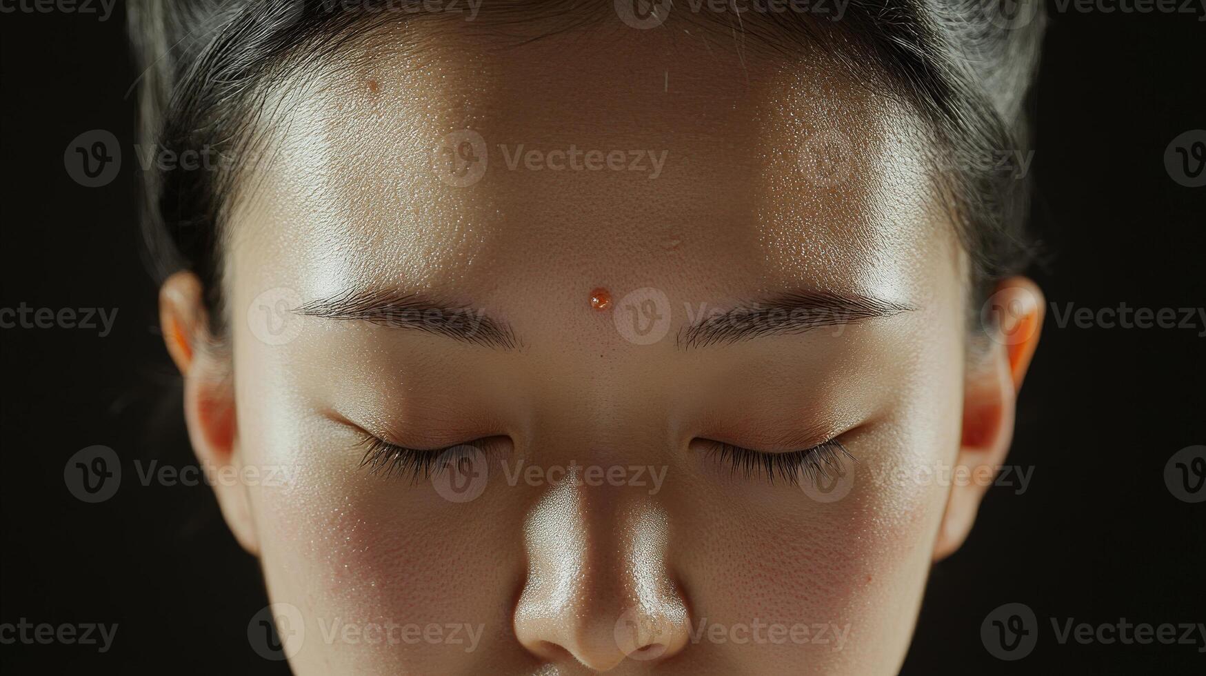 Close-up of a person's face with a mark on the forehead. photo