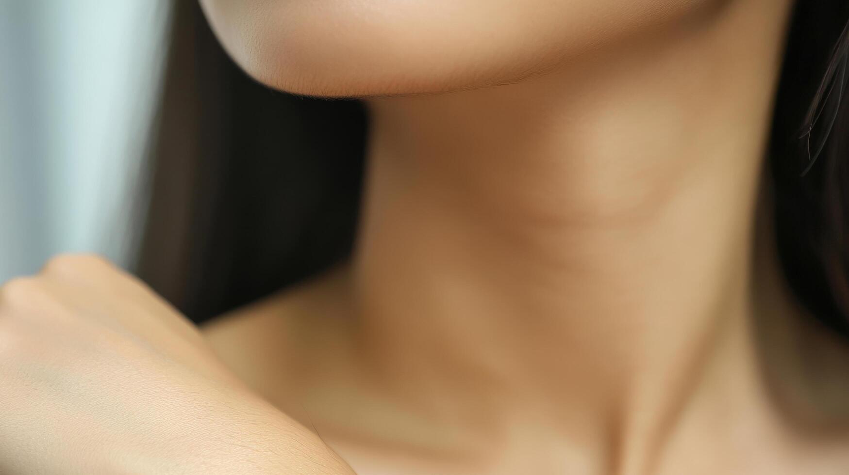 Close-up view of a person's neck and shoulder area. photo