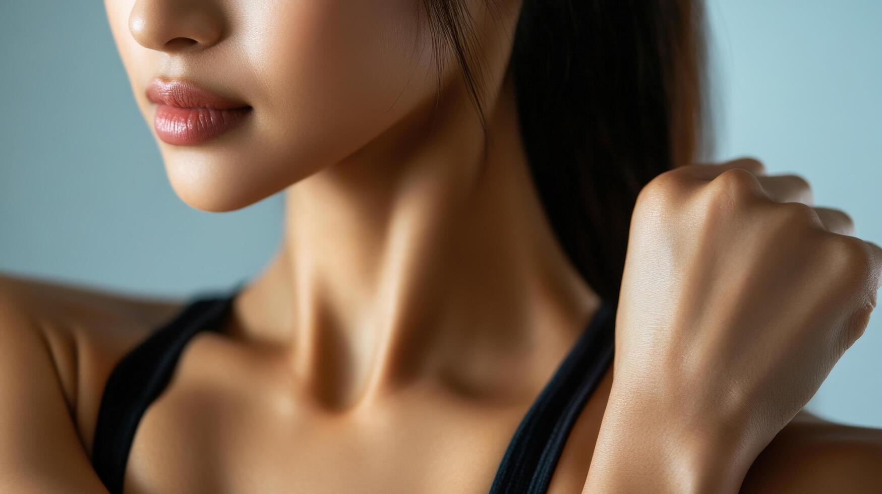 Close-up view of a woman's neck and shoulder area. photo
