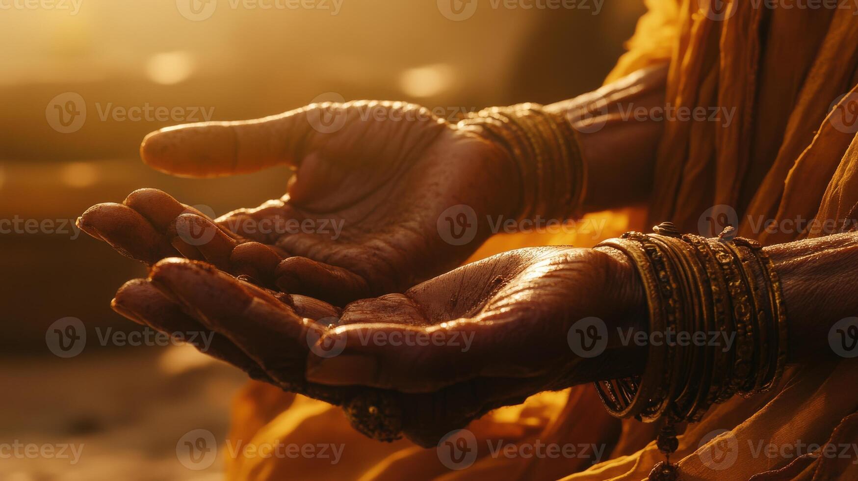 Close-up view of clasped, weathered hands with bracelets. photo