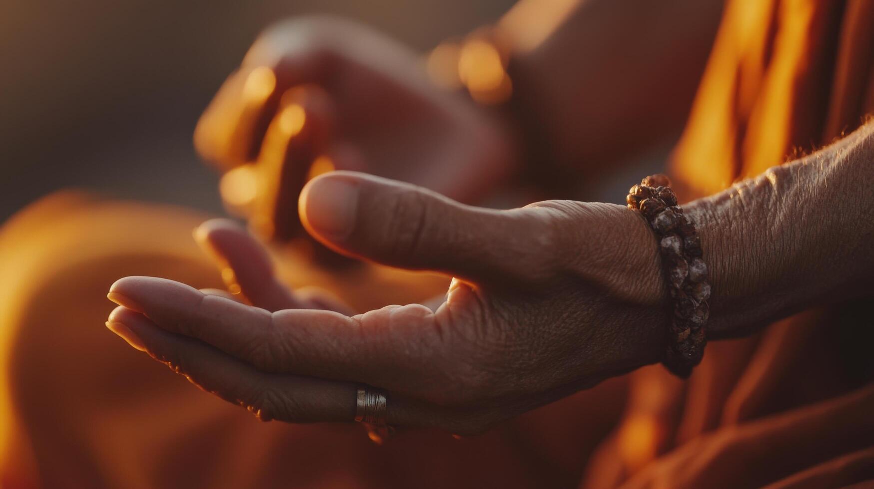 A person in a meditation pose with their hands out photo
