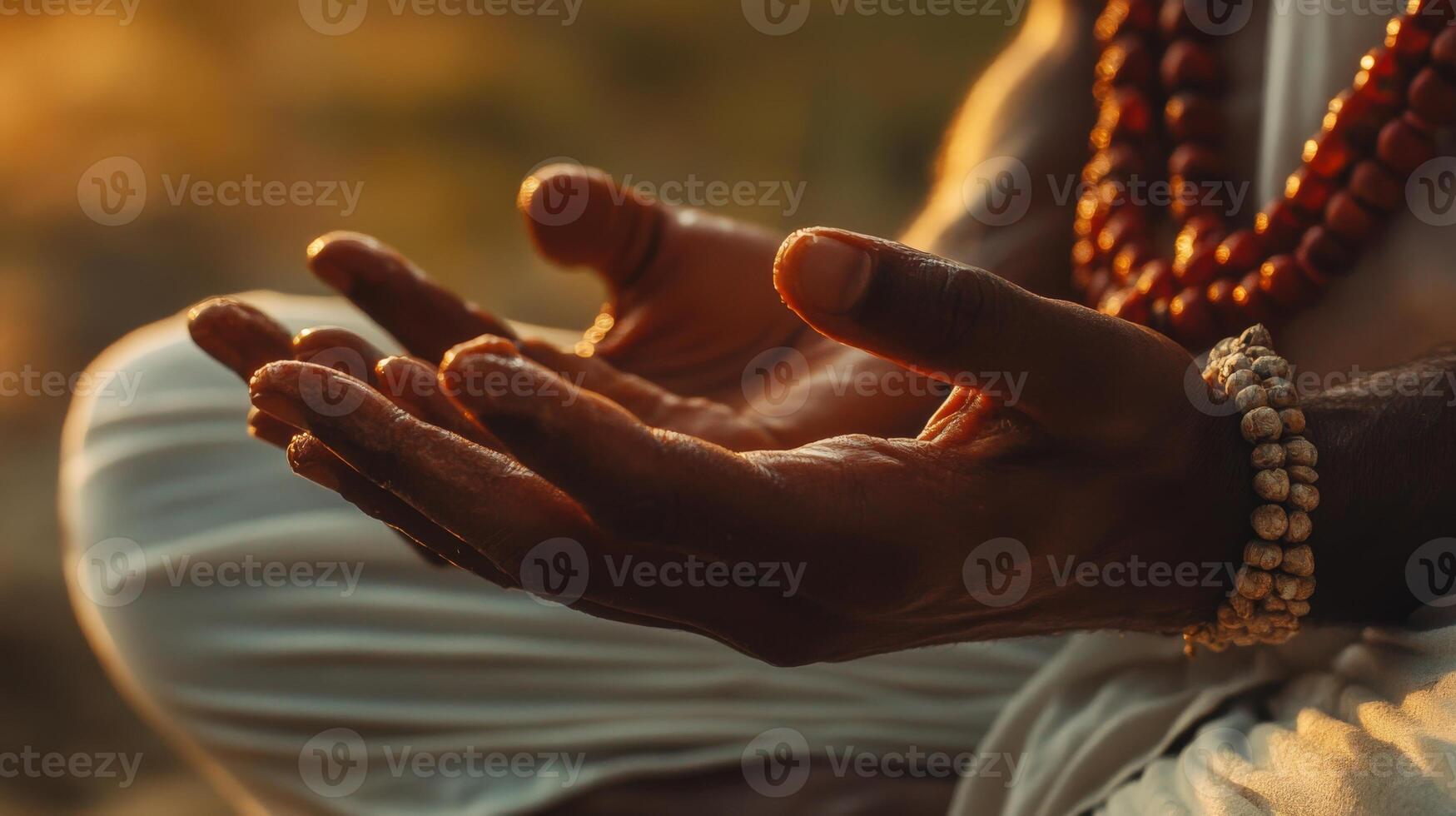 Close-up of hands in prayerful posture at sunset. photo