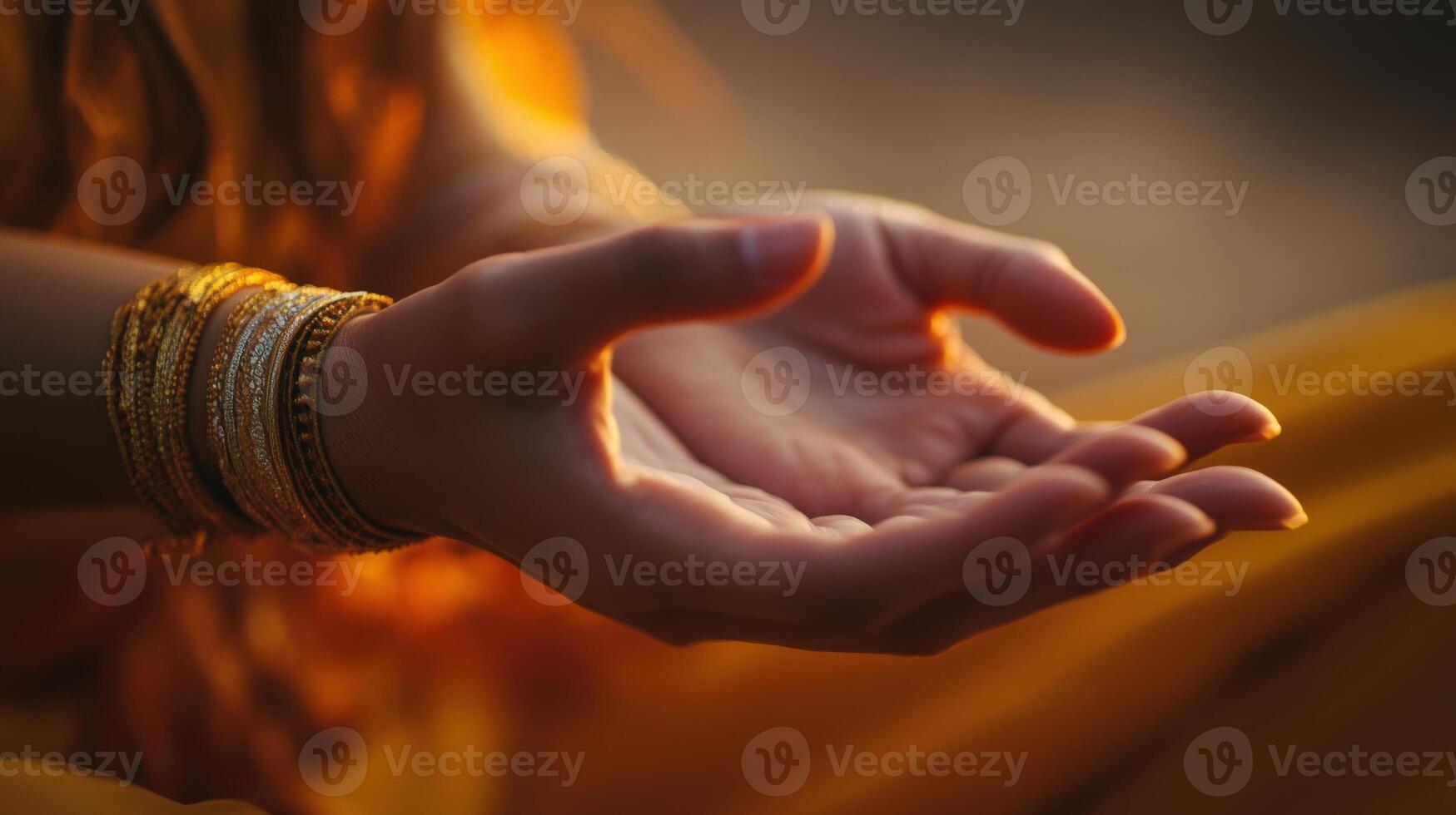 Close-up view of hands in a meditative pose, bathed in warm light. photo