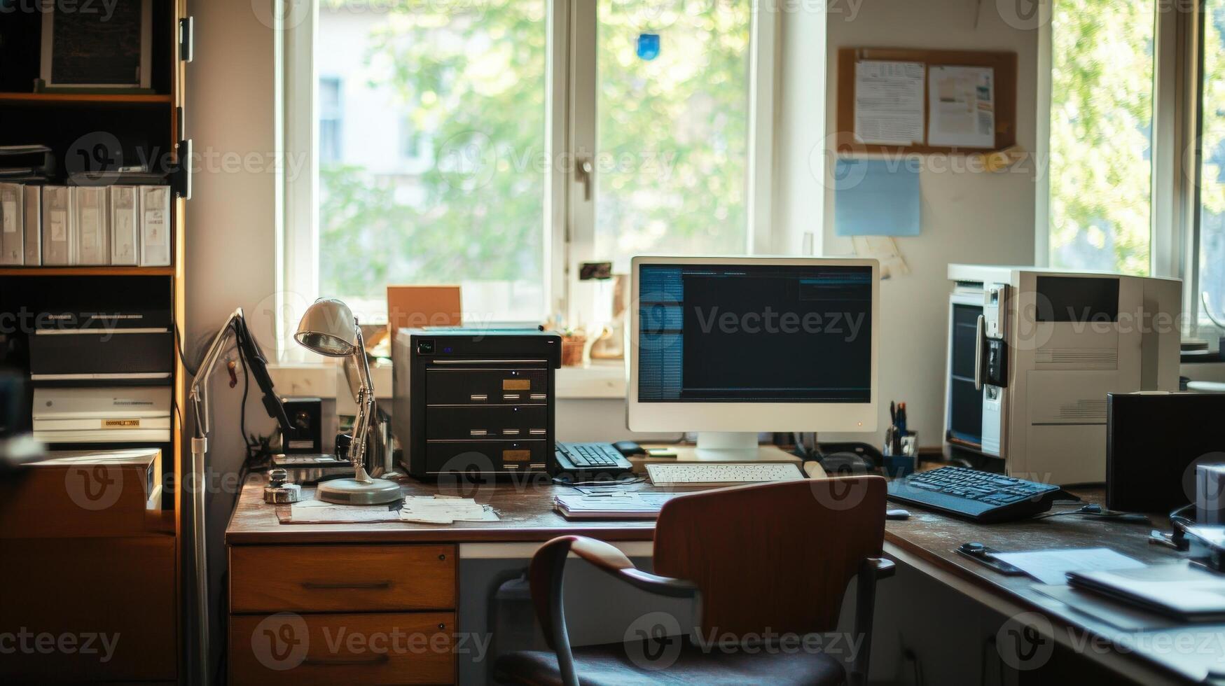 Vintage home office workspace with computer setup. photo