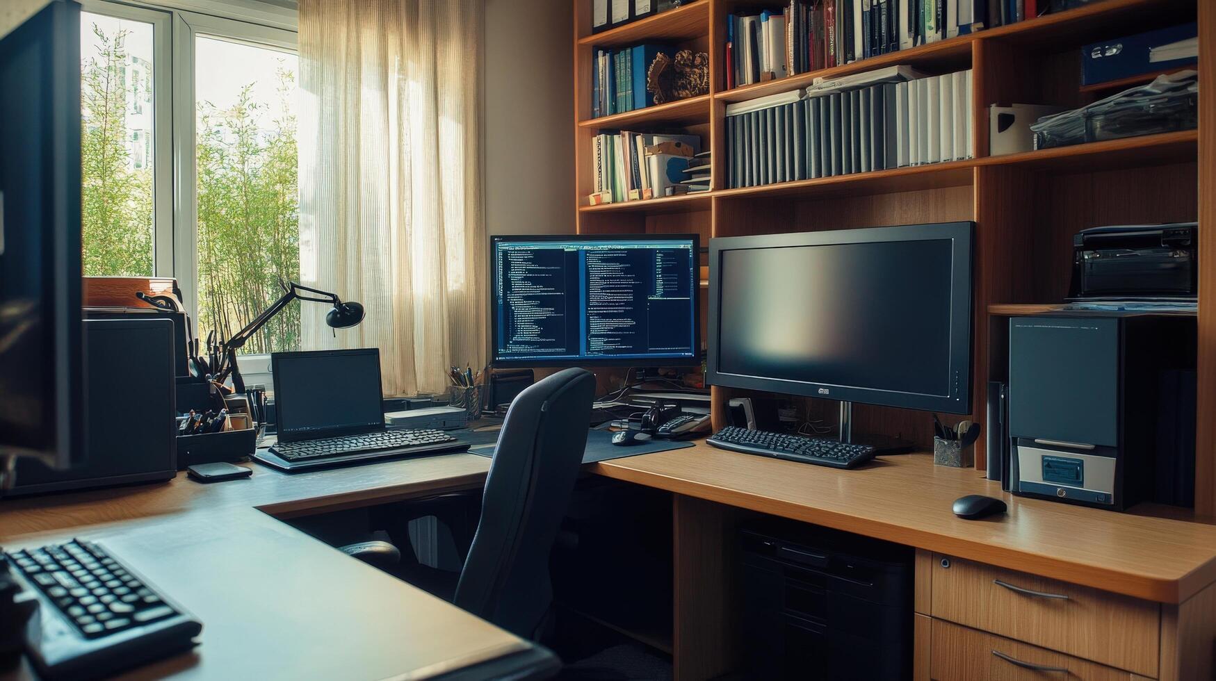 Home office workspace with multiple computer monitors. photo