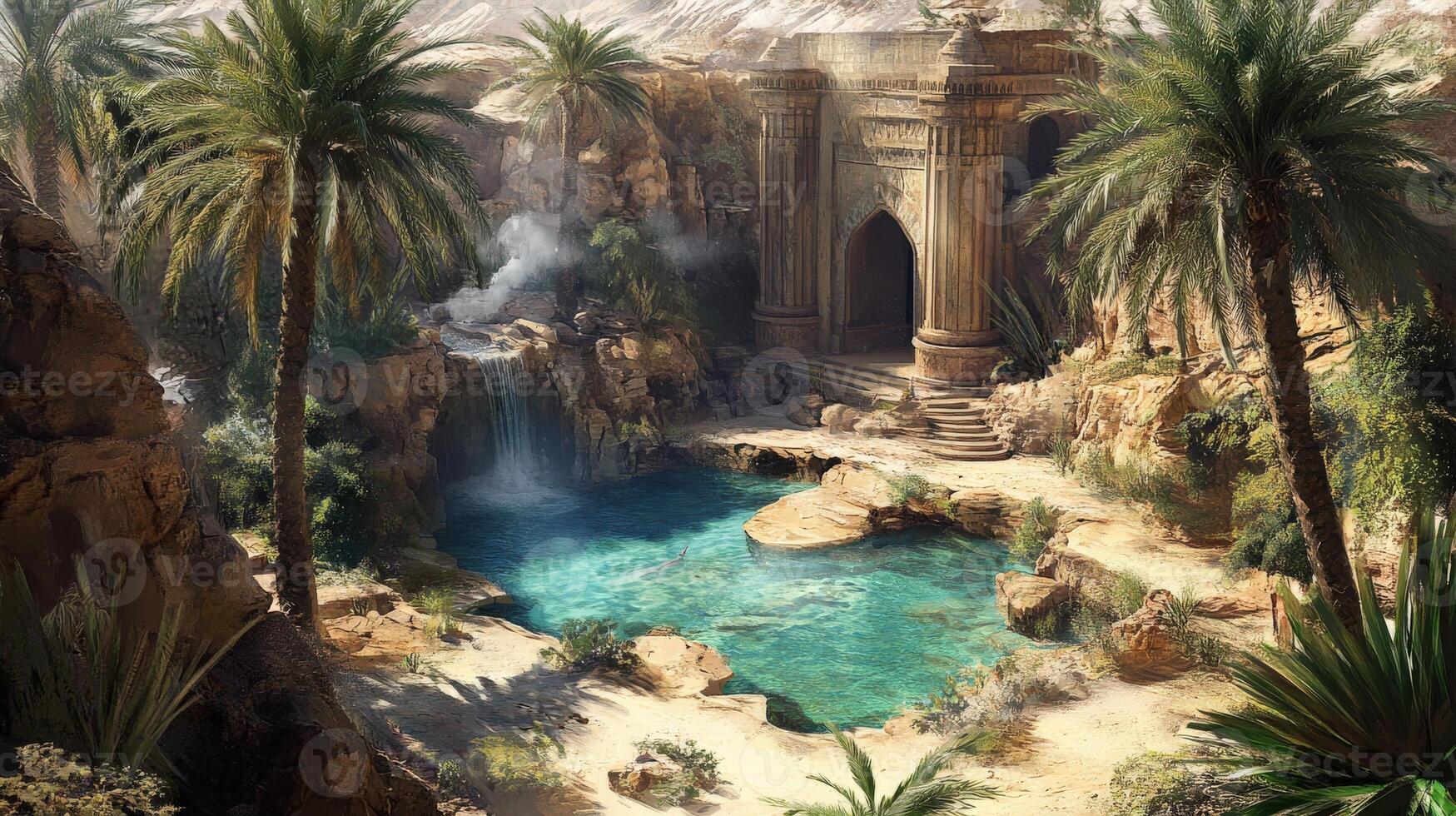 Desert oasis sanctuary, ancient ruins and lush greenery. photo