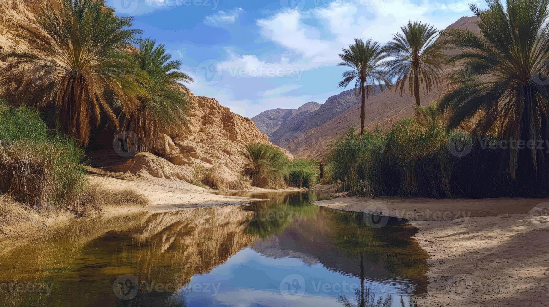 Tranquil oasis valley with palm trees reflecting in a calm river. photo