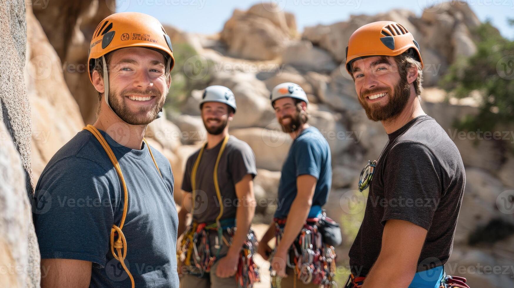 Four rock climbers posing by a stone face. photo