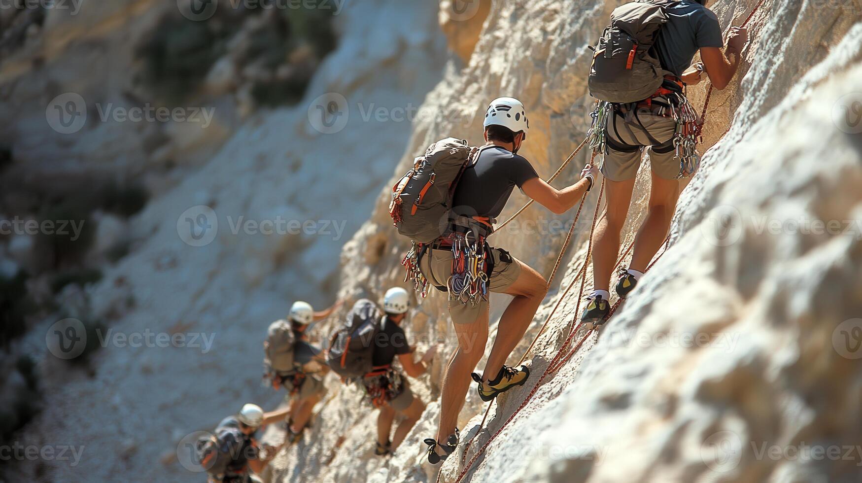 Climbers ascend a rocky mountain face. photo