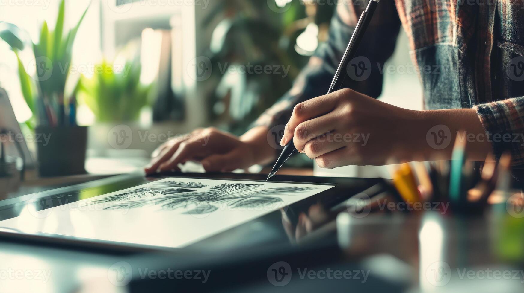 Close-up of digital drawing session at a desk. photo