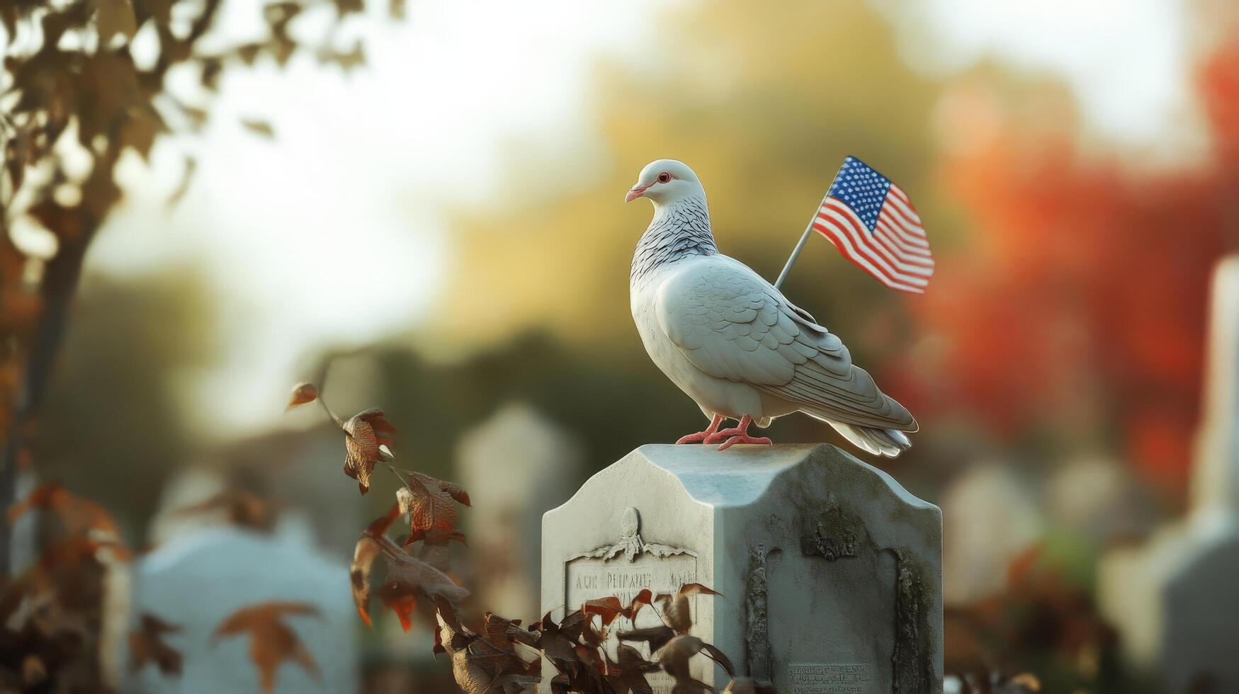 A white bird with a flag rests on a headstone photo