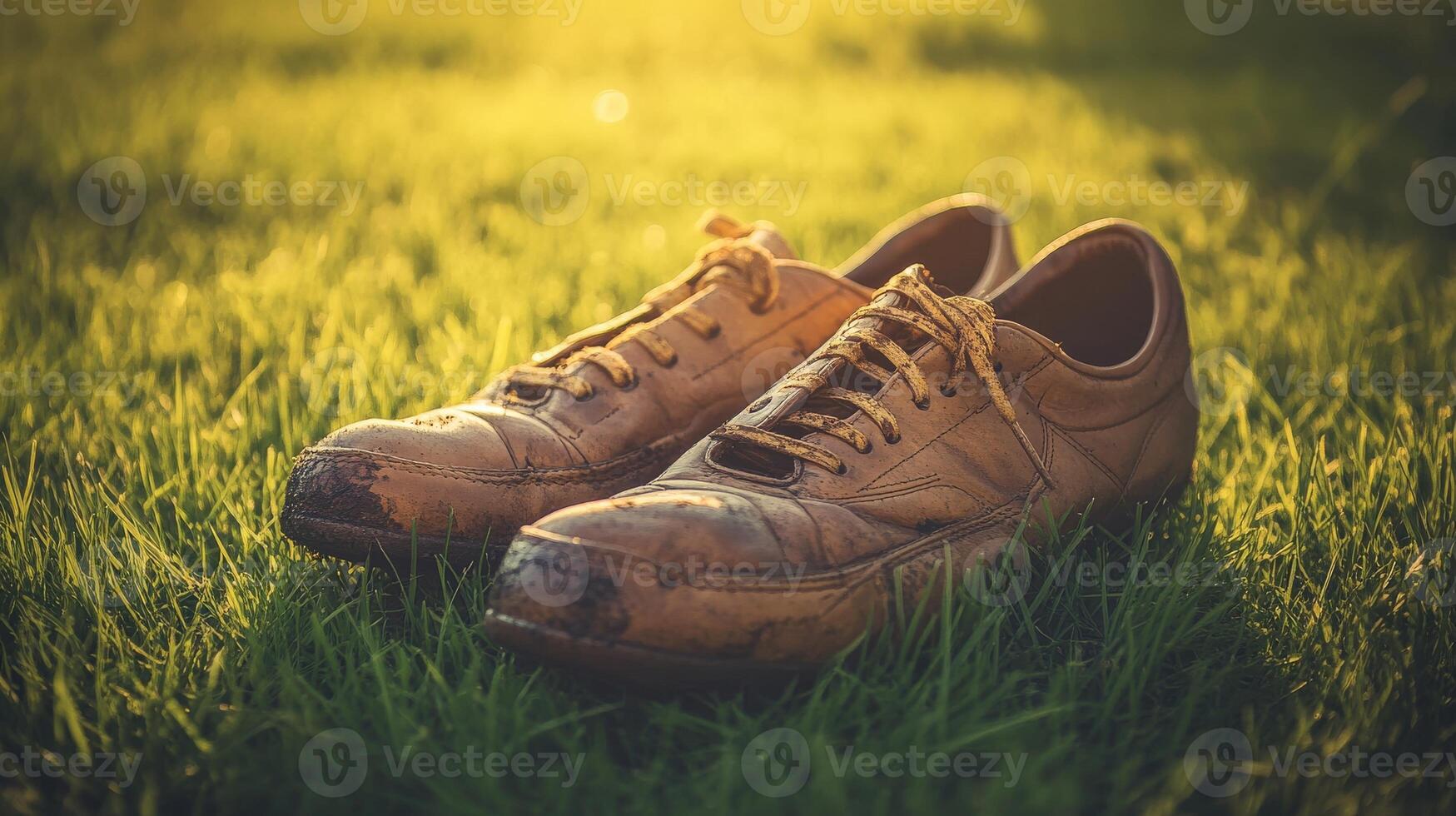 Worn leather sports shoes resting on a grassy field. photo