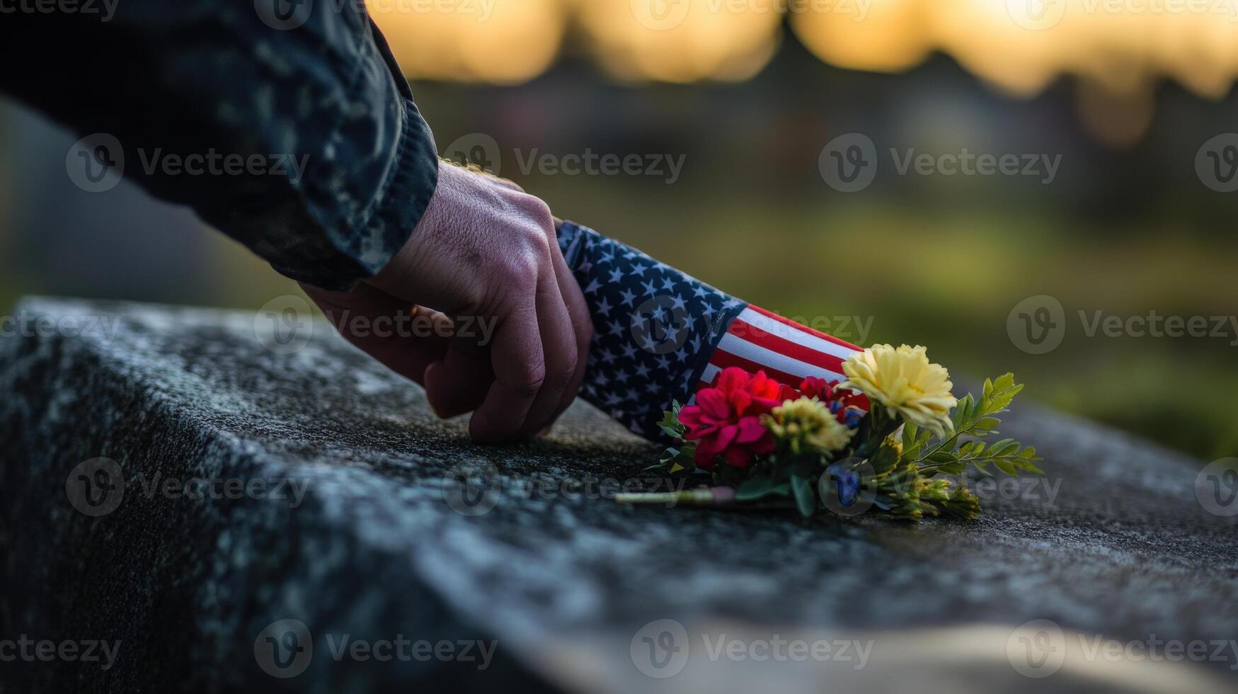 A person lays flowers and a flag on a tombstone photo