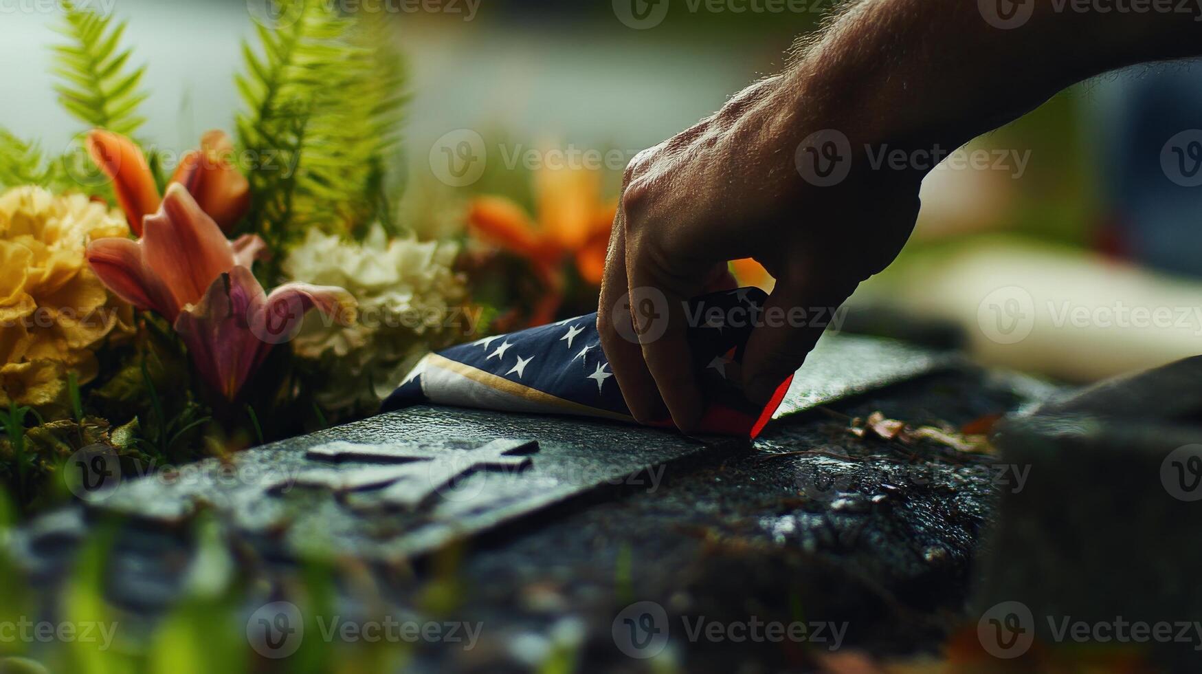 A hand placing a flag on a memorial gravestone photo