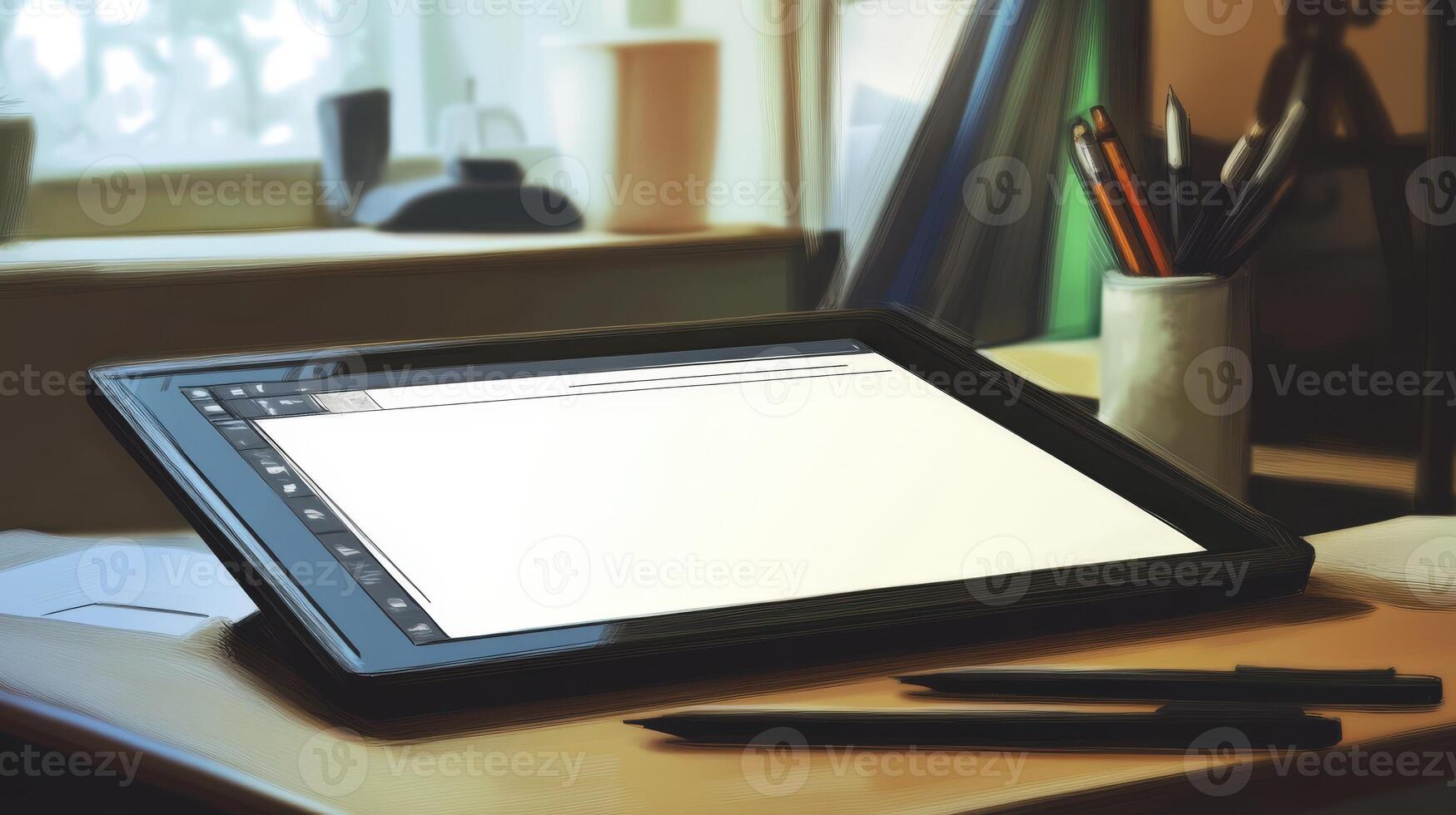 Empty tablet computer on a wood desk. photo