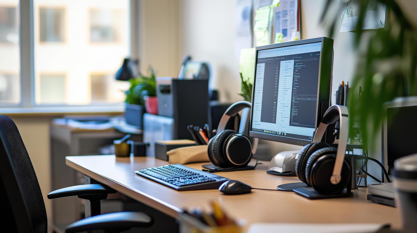 Modern workspace desk with computer and headphones. photo