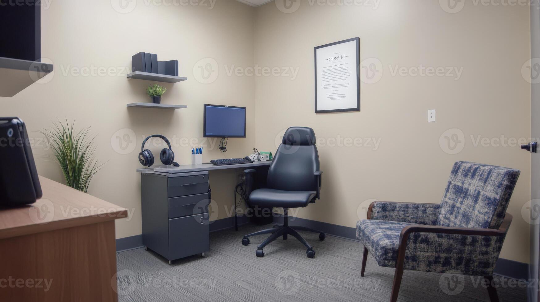 Small, modern office space with comfortable furniture. photo