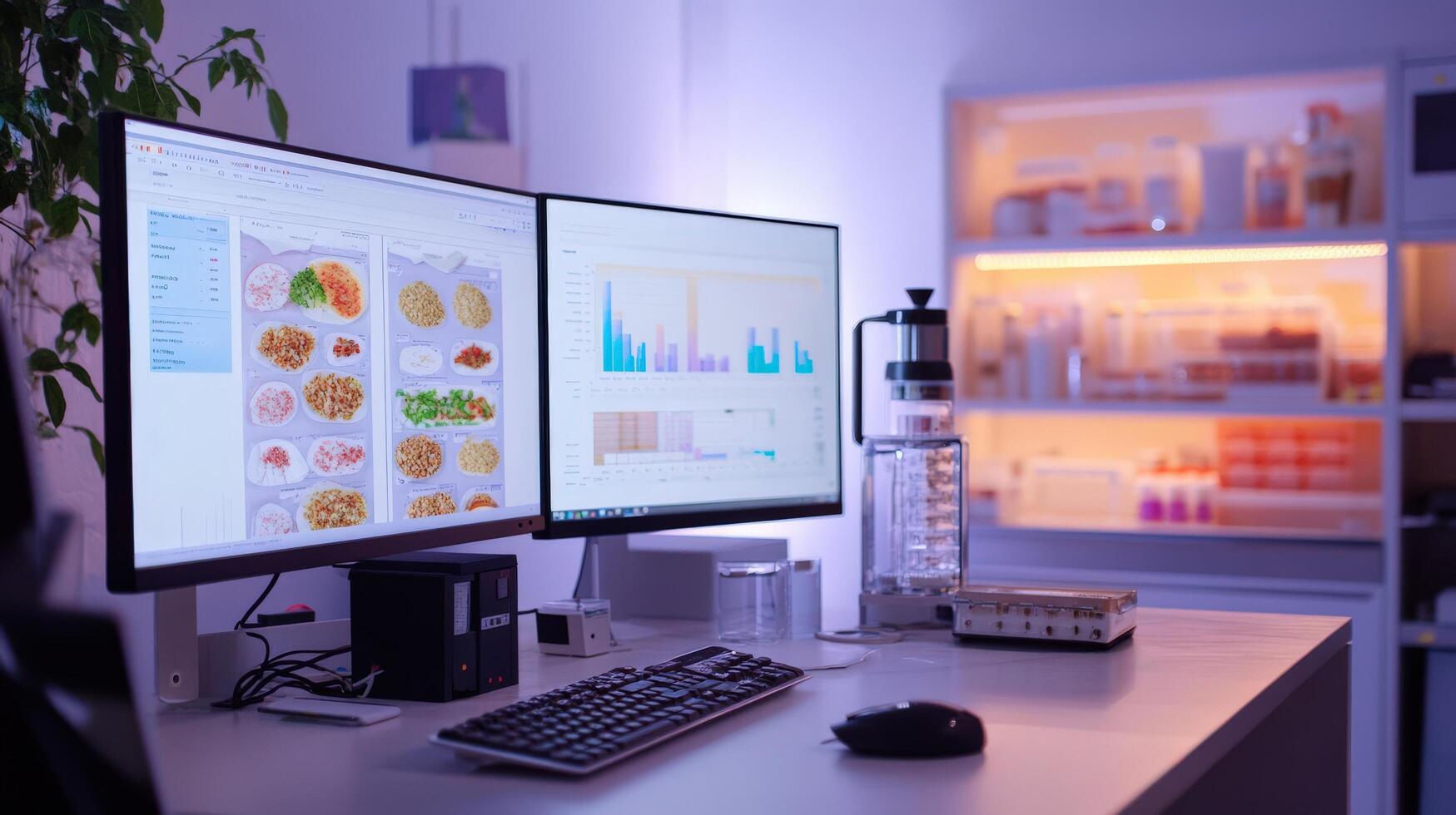 Modern workspace with computers and food charts. photo