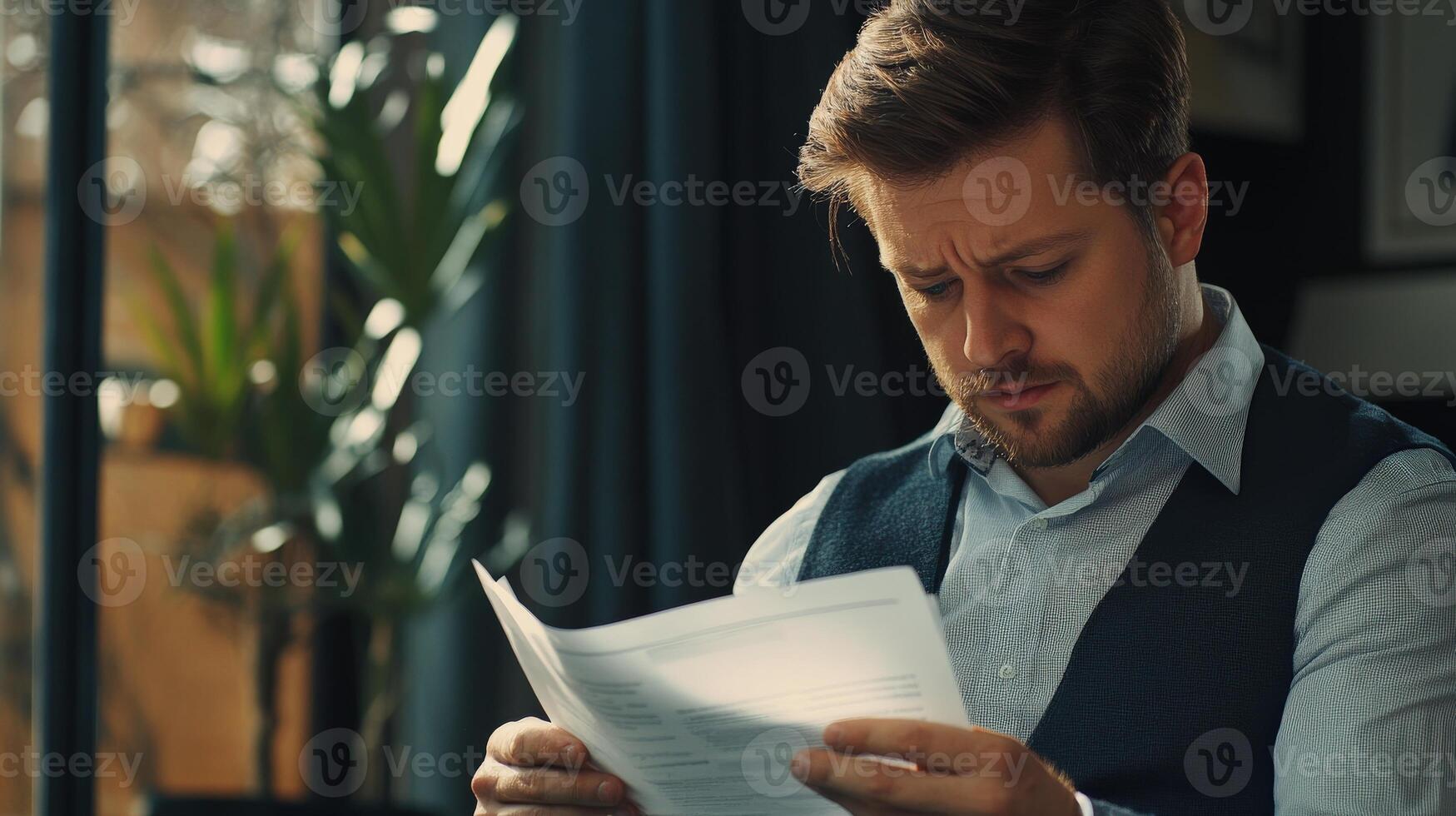 A concerned man reads through a document indoors carefully photo