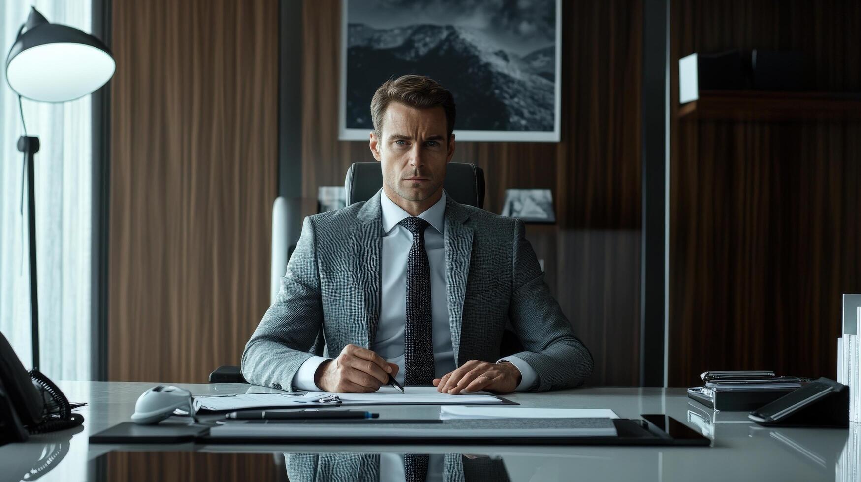 A serious man in a suit looks directly from an office desk photo