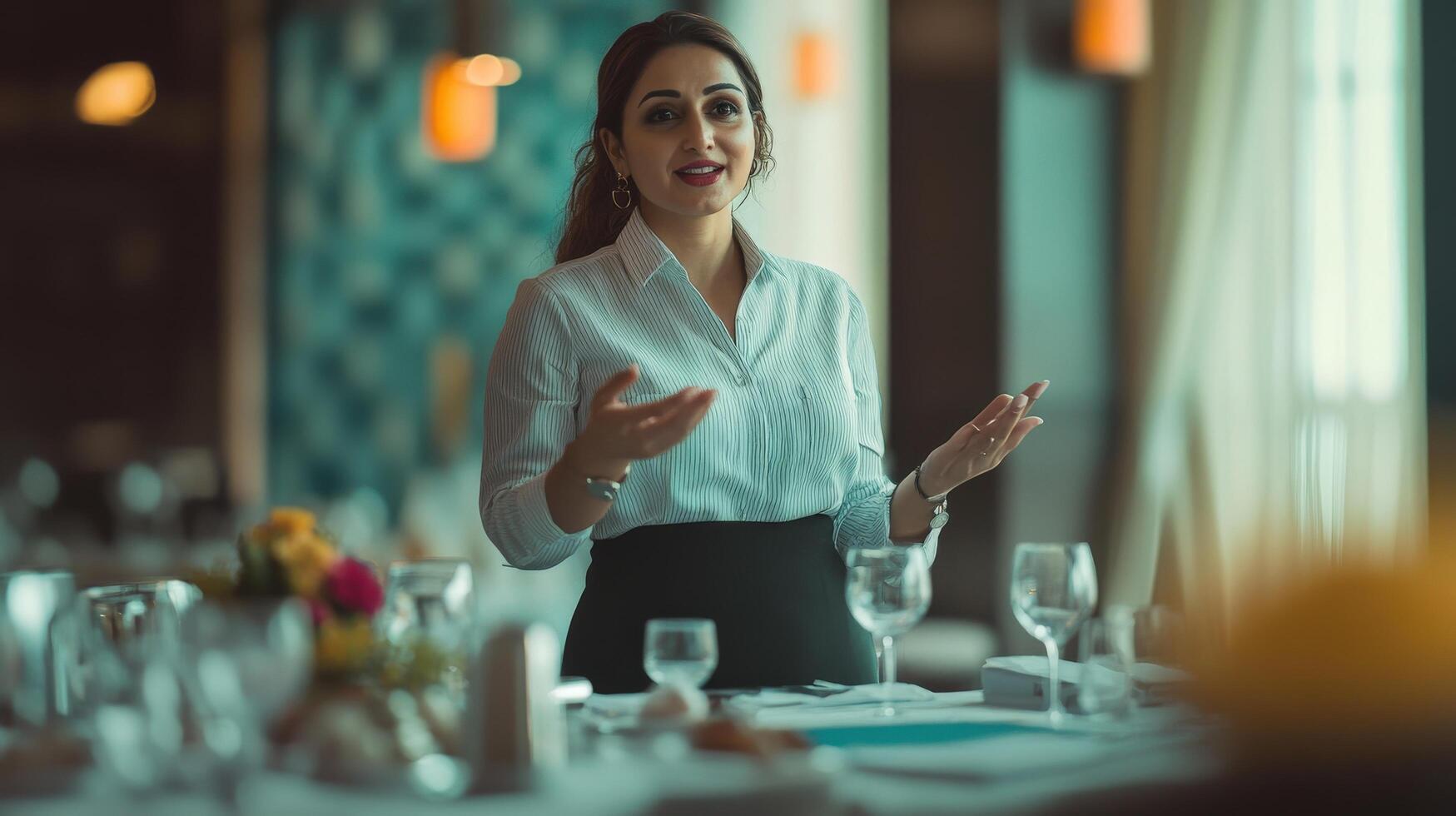 A woman presenting a business meeting in a restaurant setting photo