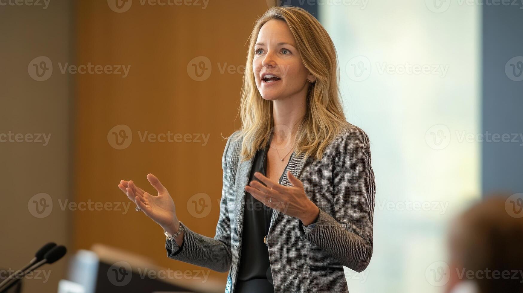 Woman speaking at a conference with animated gestures during presentation photo