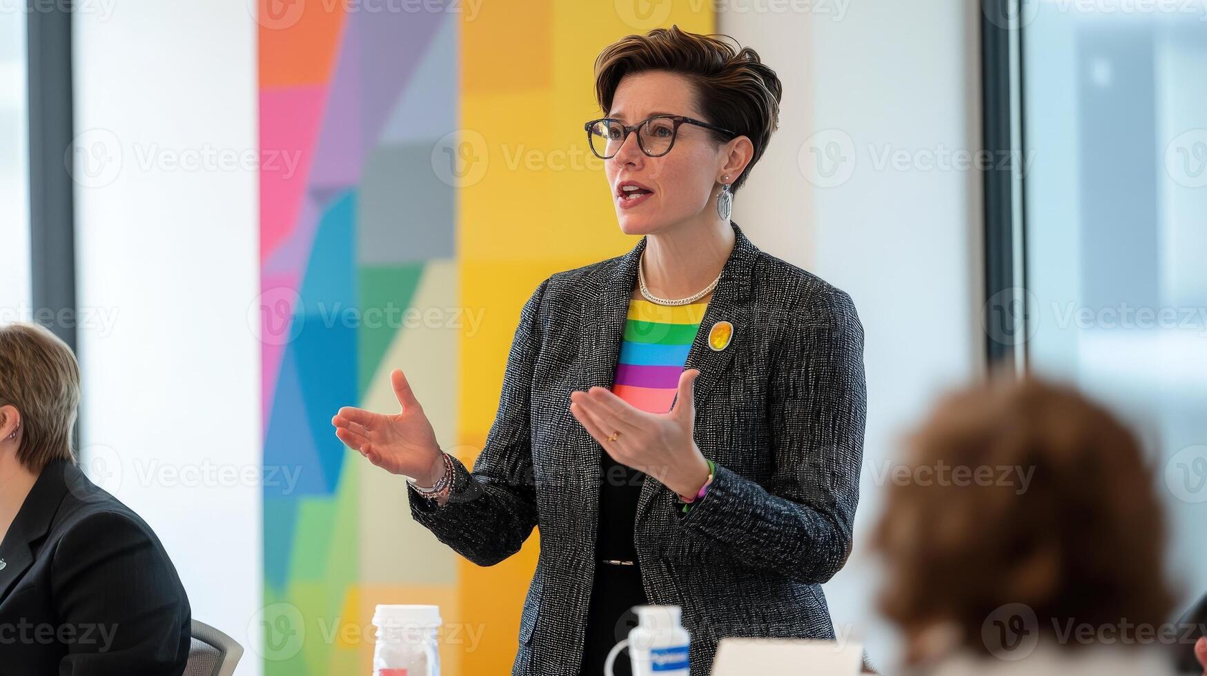 Woman in business meeting, speaking passionately. photo