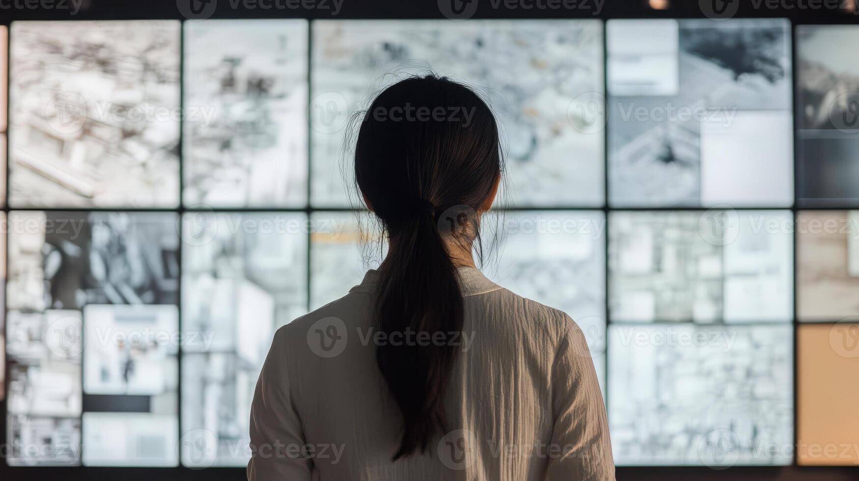 A person viewing a series of screens with various images on them photo