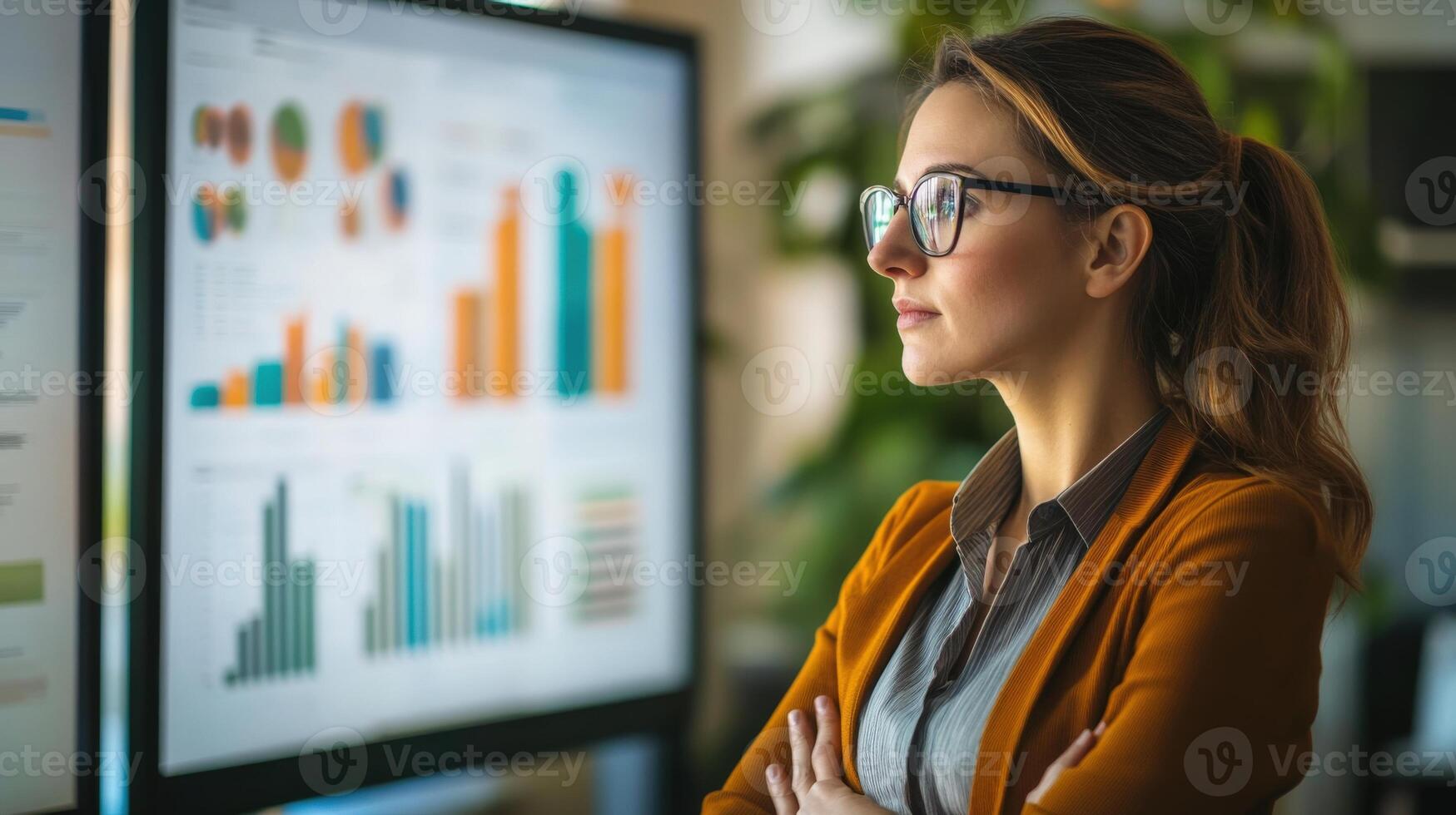 Business woman contemplating data visuals on computer screens intently photo