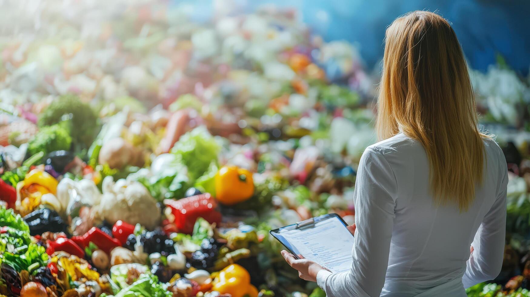 A woman examines the food waste in a large composting pile photo