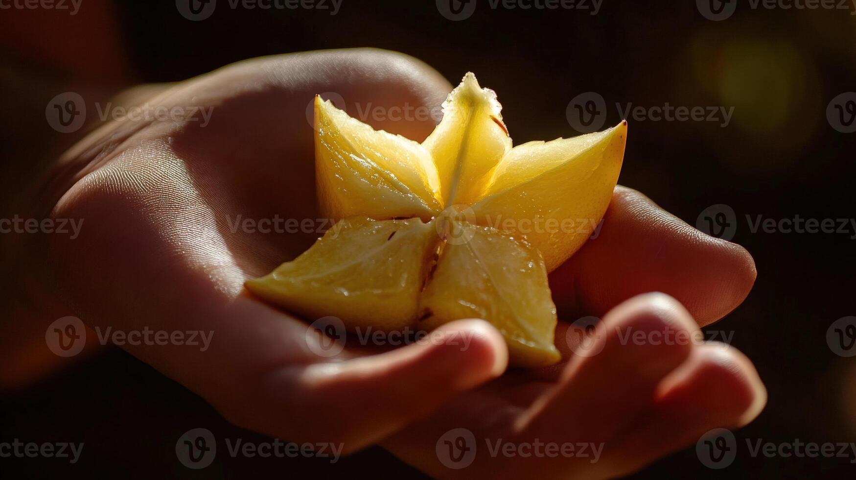 Close-up view of a star fruit held in a hand. w photo