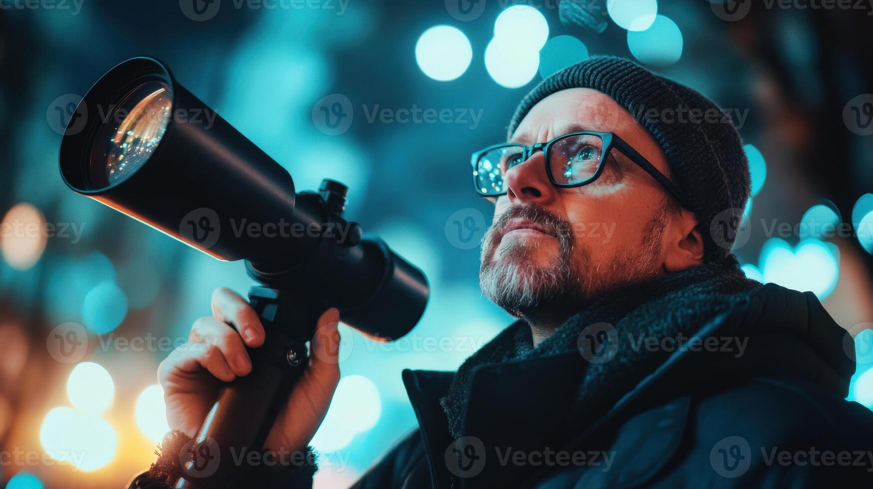 A man outdoors at night using a large lens. photo