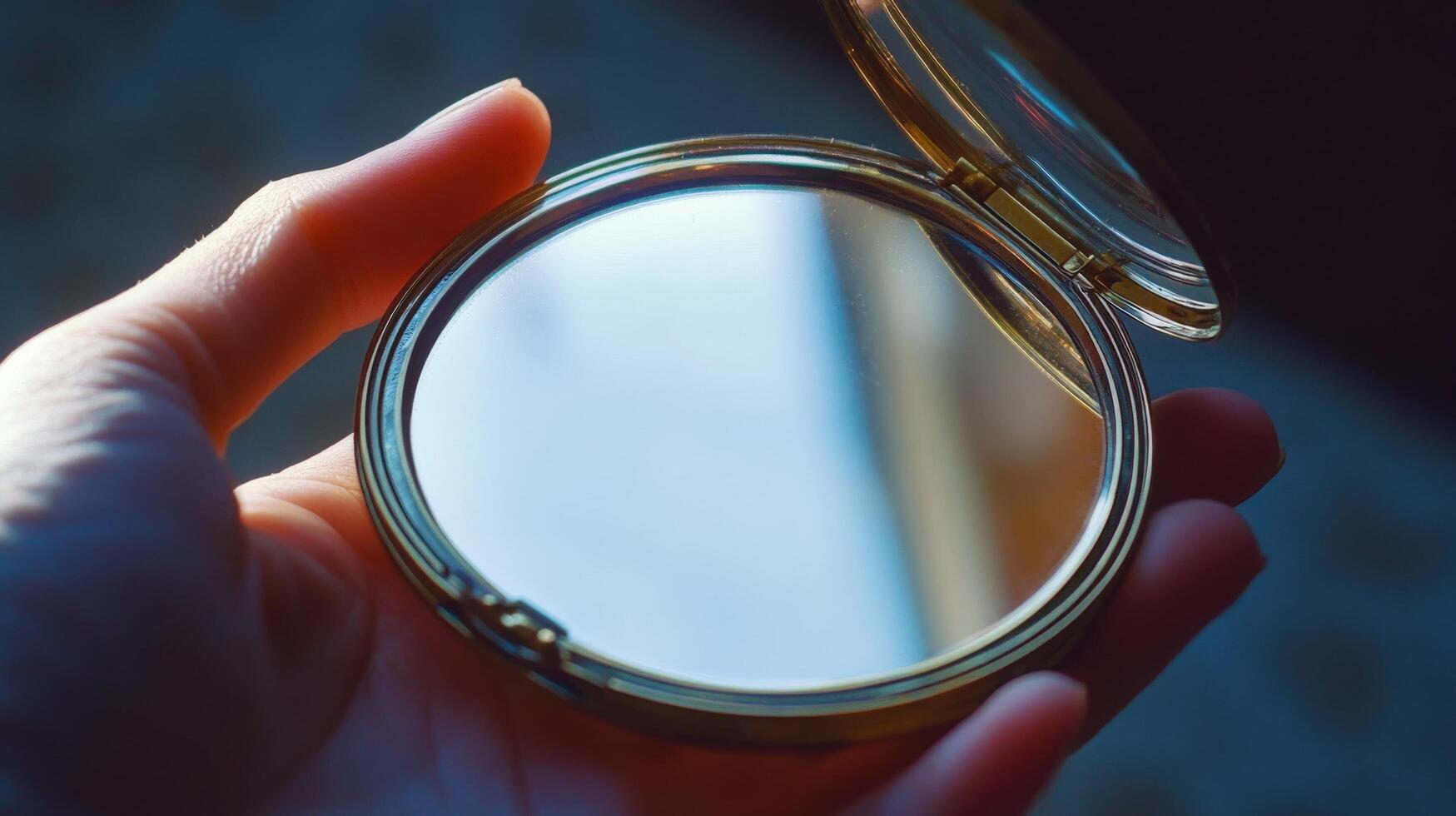 Close-up of a handheld round compact mirror. photo