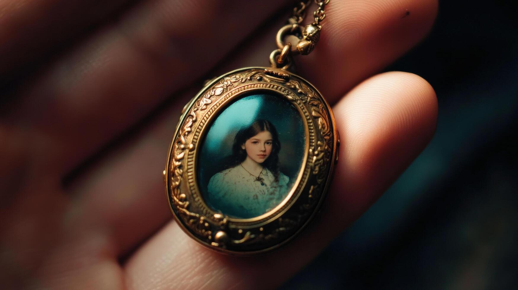 Close-up of a vintage locket with a painted portrait inside. photo