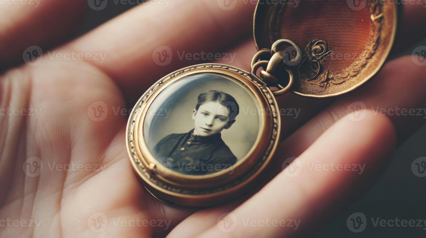 Antique locket holding sepia portrait of a young boy. photo