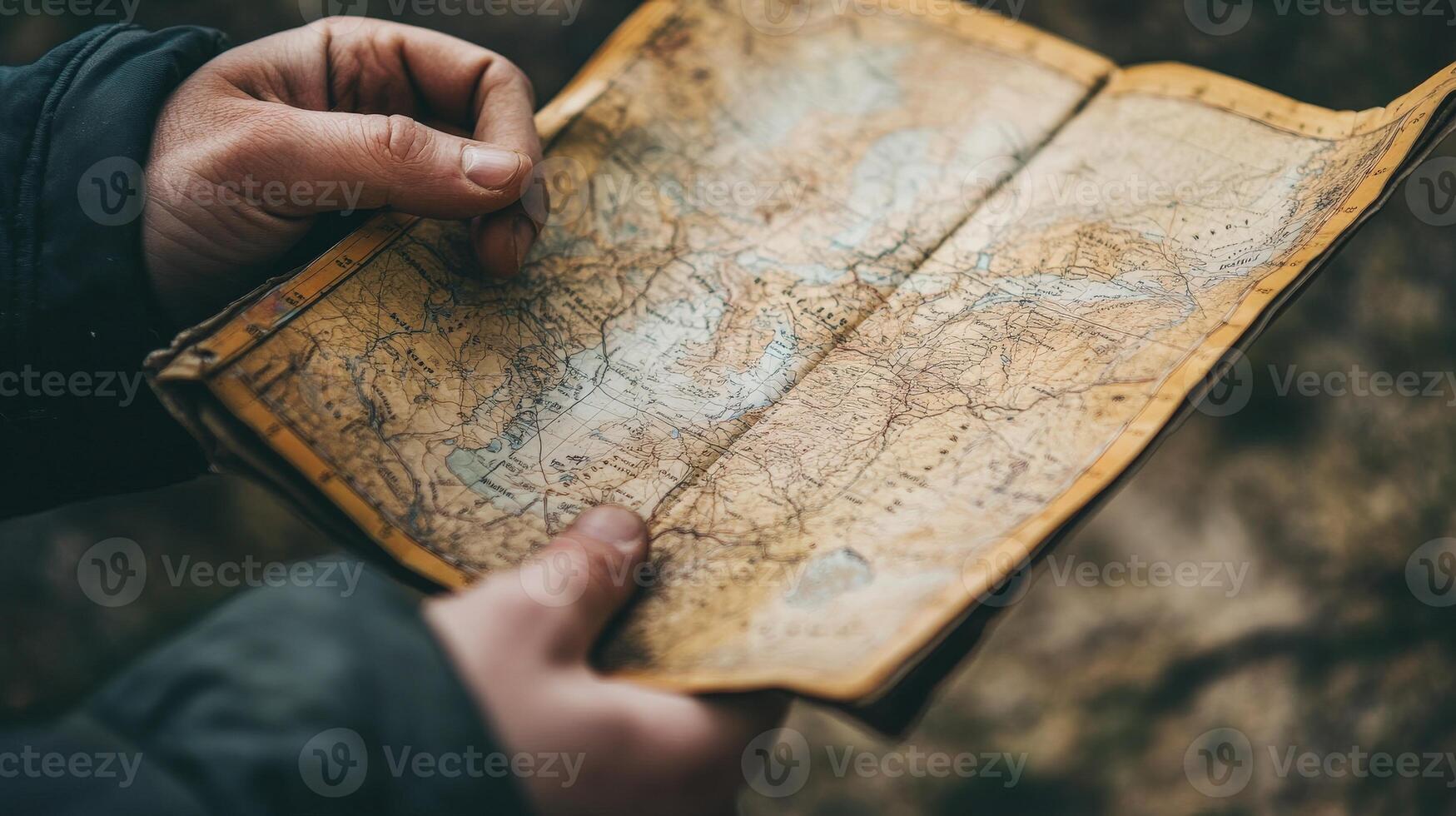 Hands holding an aged map of a mountainous region. photo